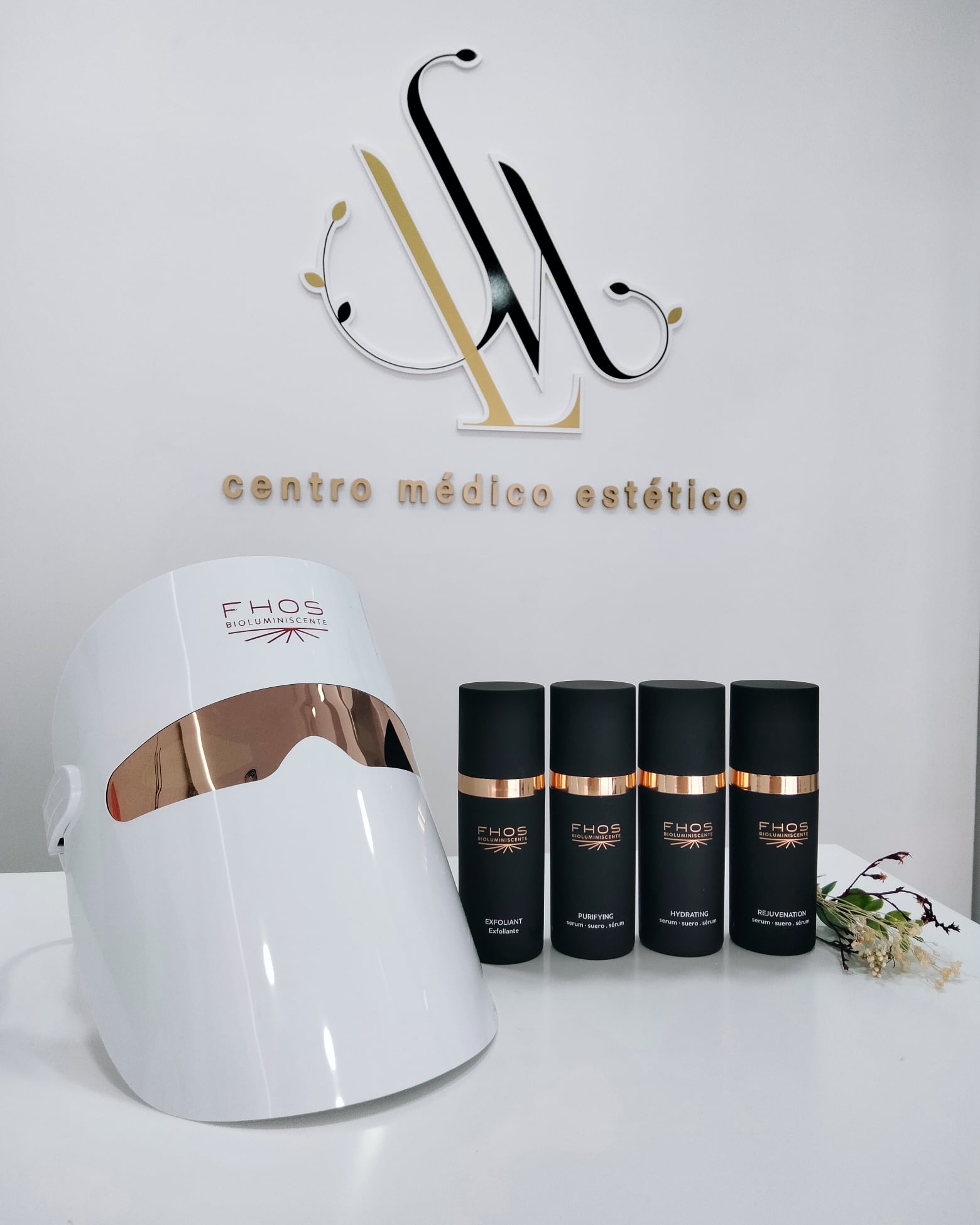 FHOS Bioluminiscente - mascarilla LED y línea de sérums Exfoliant, Purifying, Hydrating, Rejuvenation